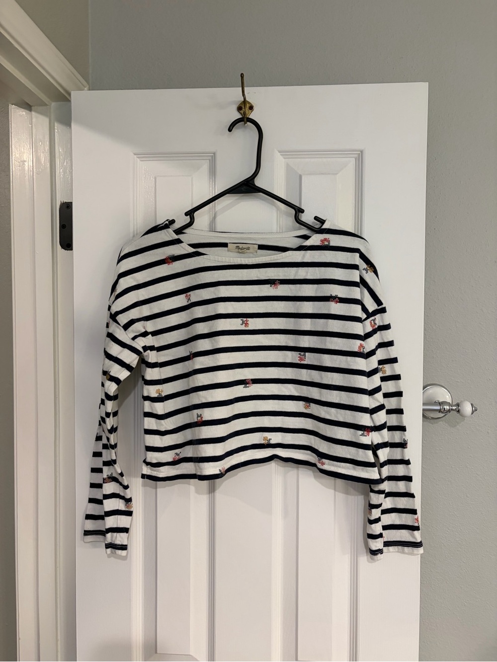 Madewell Embroidered Striped Long Sleeve Crop Top Size M Black White